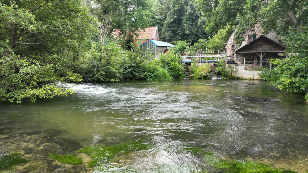 Vue sur une rivière avec un fond un ancien moulin et ses vannages